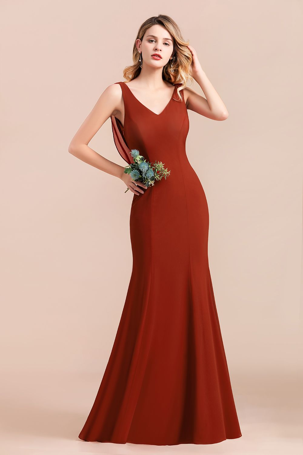 Charming Mermaid V-Neck Drapped Back Bridesmaid Dress Online-Babyonlines