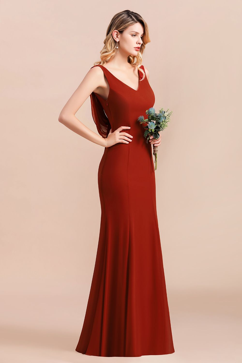 Charming Mermaid V-Neck Drapped Back Bridesmaid Dress Online-Babyonlines