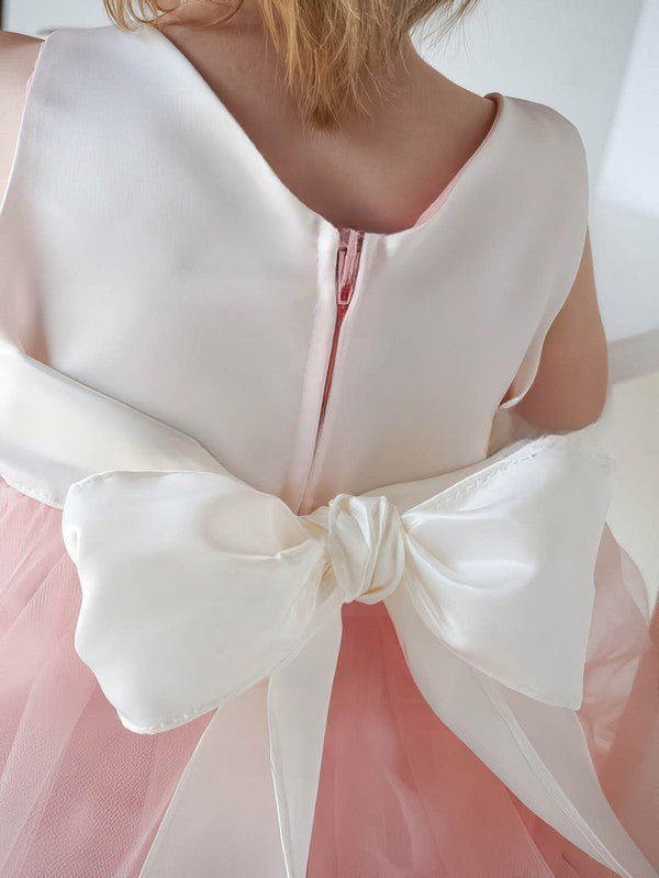 Cheap Tea-length Flower Girl Dresses with Bow - A-line Scoop Neck Tulle