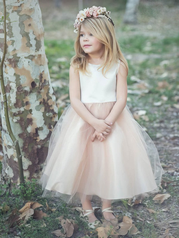 Cheap Tea-length Flower Girl Dresses with Bow - A-line Scoop Neck Tulle