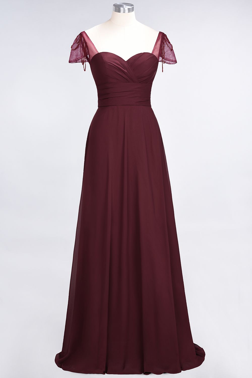 Chic Chiffon Sweetheart Cap-Sleeves Ruffle Bridesmaid Dresses with Beadings-Babyonlines