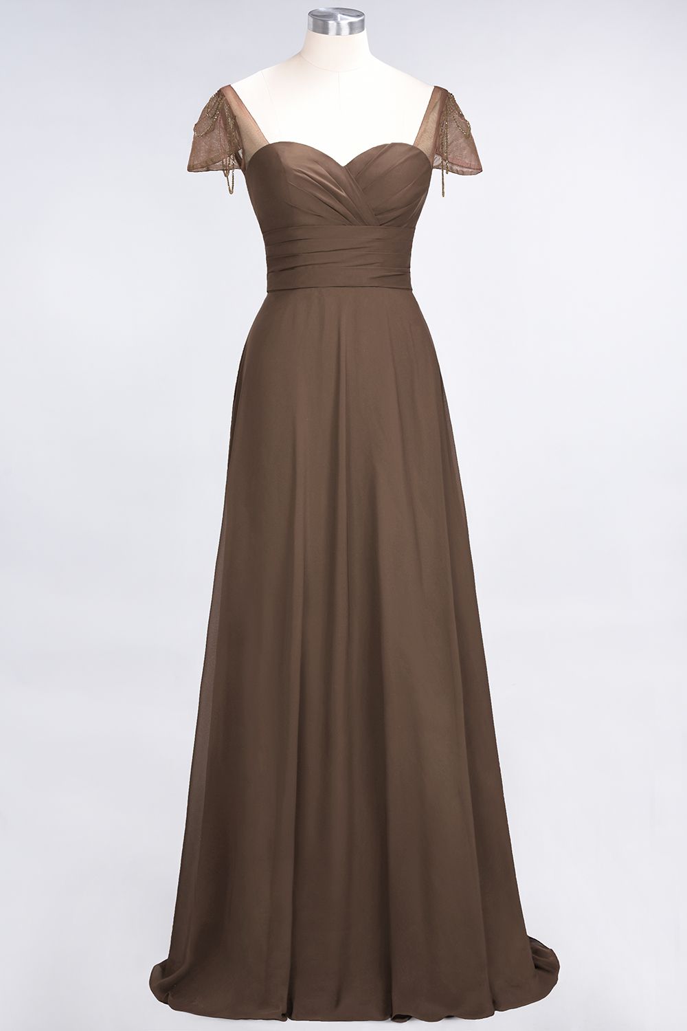 Chic Chiffon Sweetheart Cap-Sleeves Ruffle Bridesmaid Dresses with Beadings-Babyonlines