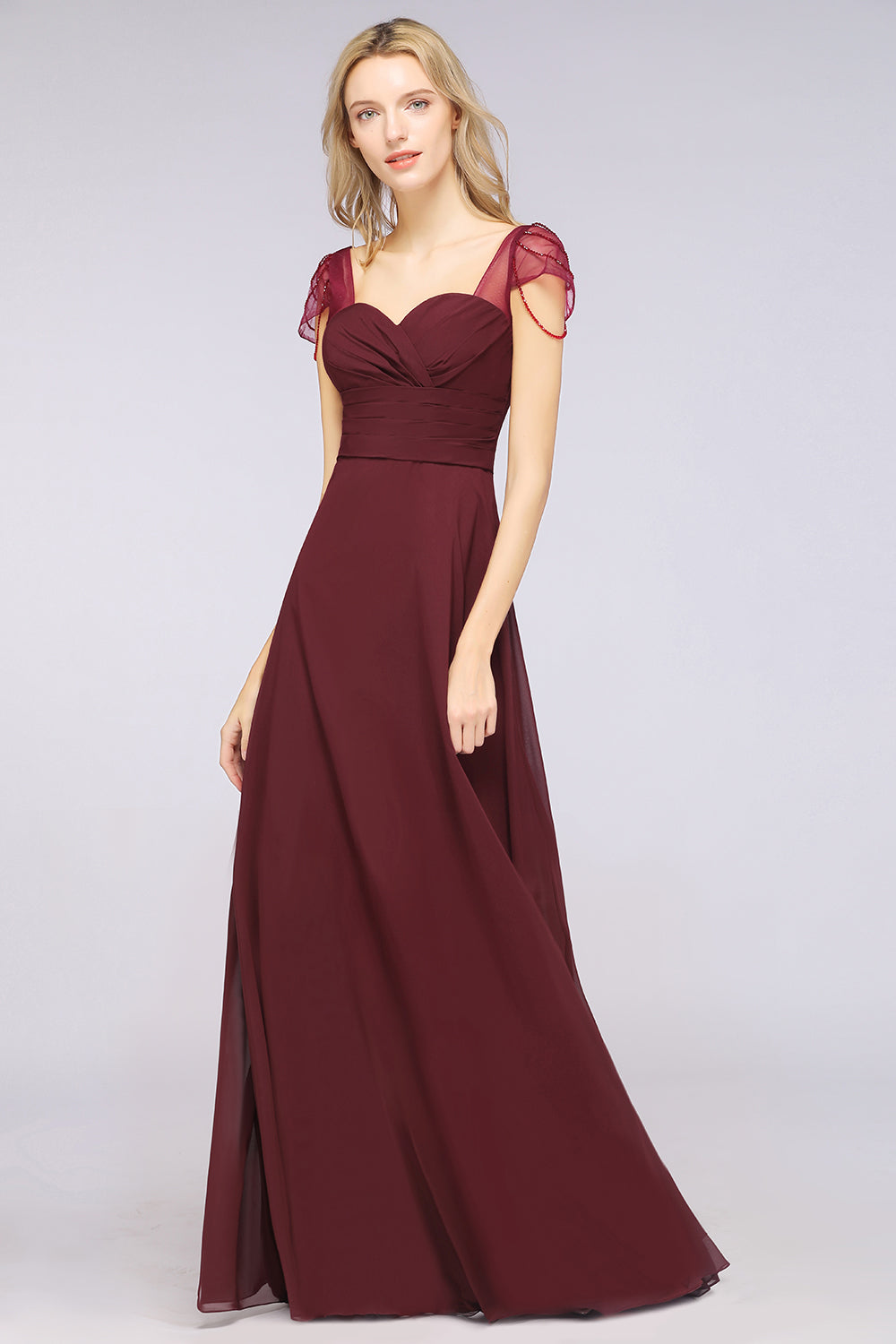 Chic Chiffon Sweetheart Cap-Sleeves Ruffle Bridesmaid Dresses with Beadings-Babyonlines
