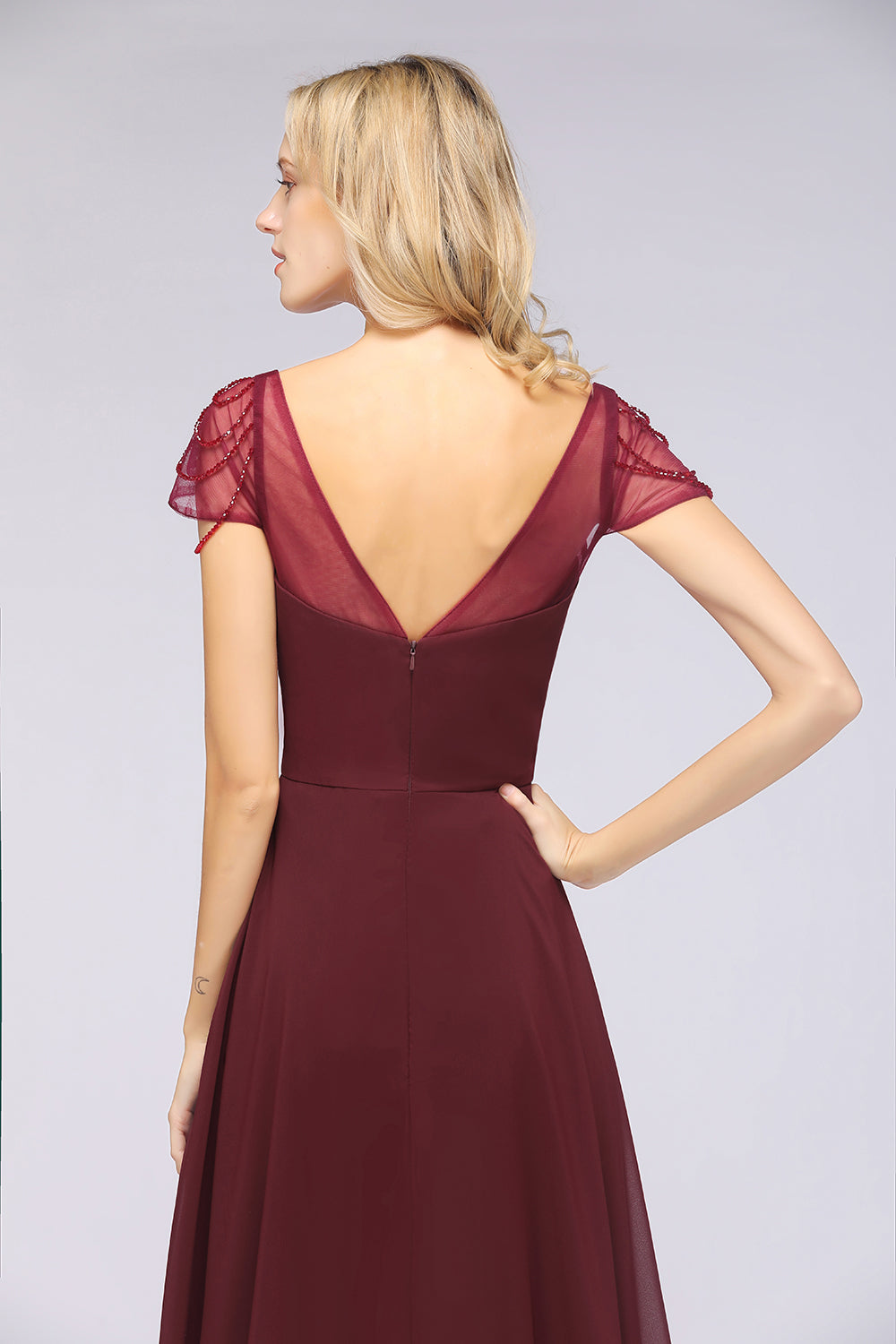 Chic Chiffon Sweetheart Cap-Sleeves Ruffle Bridesmaid Dresses with Beadings-Babyonlines