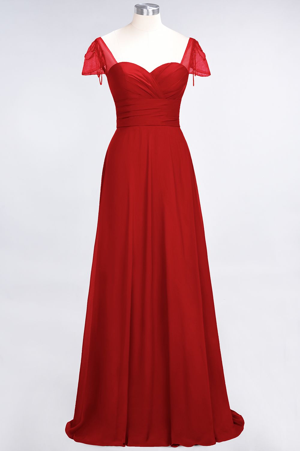 Chic Chiffon Sweetheart Cap-Sleeves Ruffle Bridesmaid Dresses with Beadings-Babyonlines