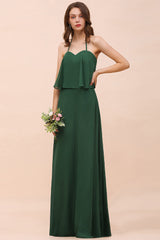 Chic Halter Sweetheart Dark Green Chiffon Bridesmaid Dress-Babyonlines