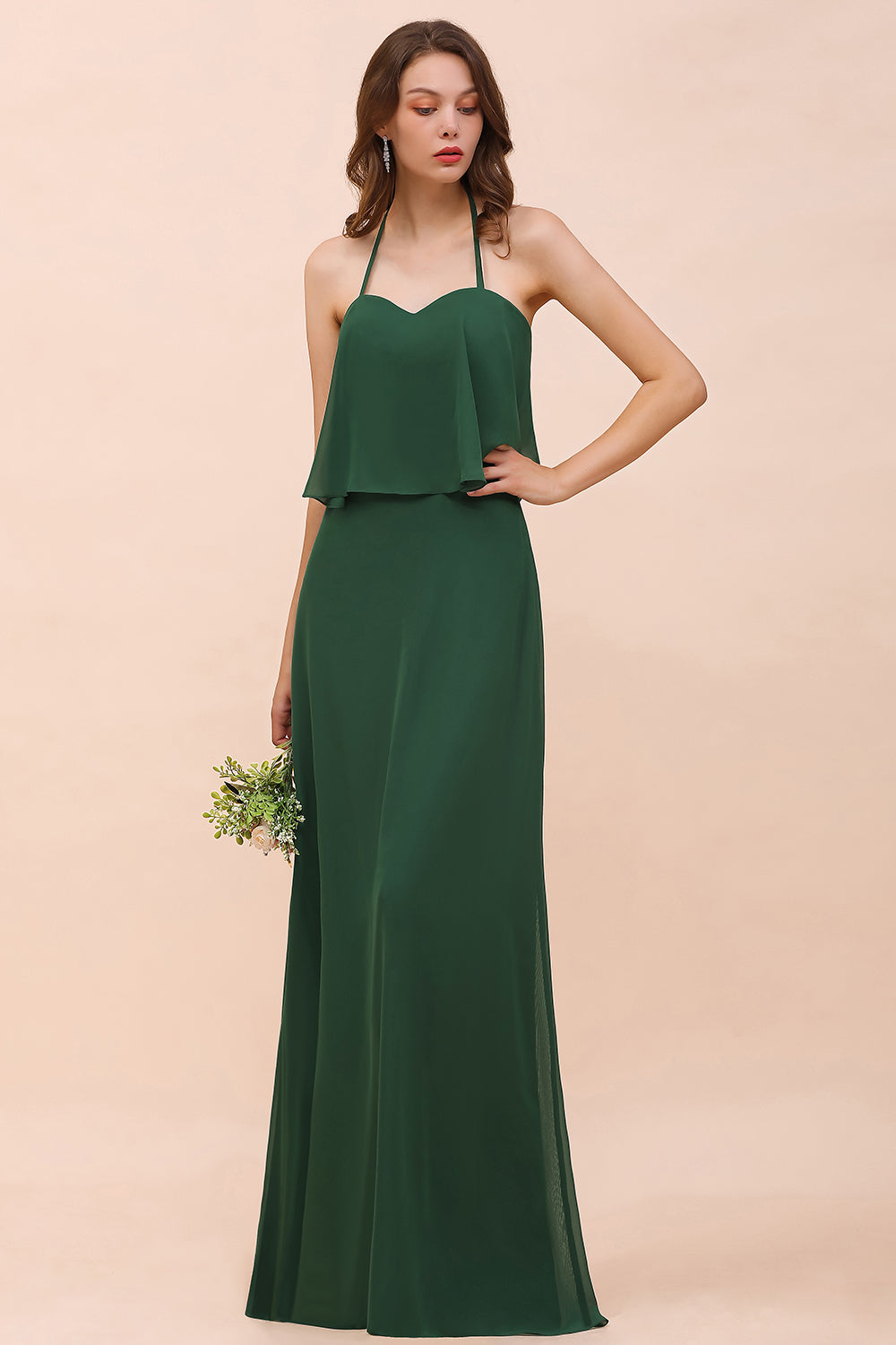 Chic Halter Sweetheart Dark Green Chiffon Bridesmaid Dress-Babyonlines