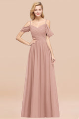 Chic Off-the-shoulder Burgundy Bridesmaid Dress with Spaghetti Straps-Babyonlines