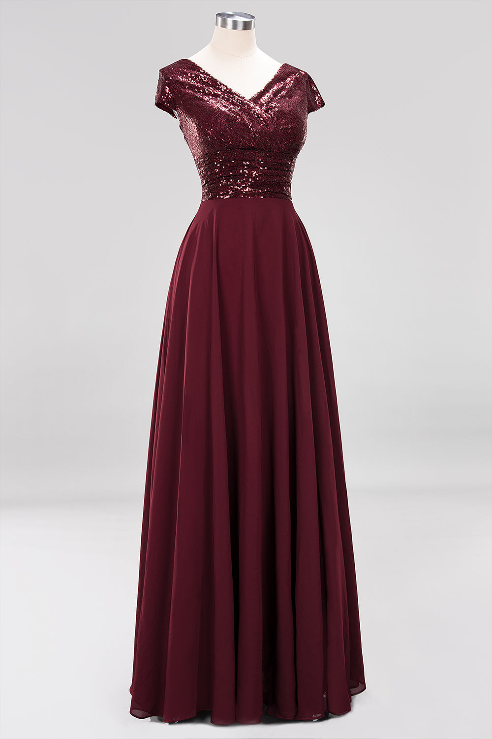 Chic Sequined Top V-Neck Sleeveless Burgundy Bridesmaid Dresses Online-Babyonlines