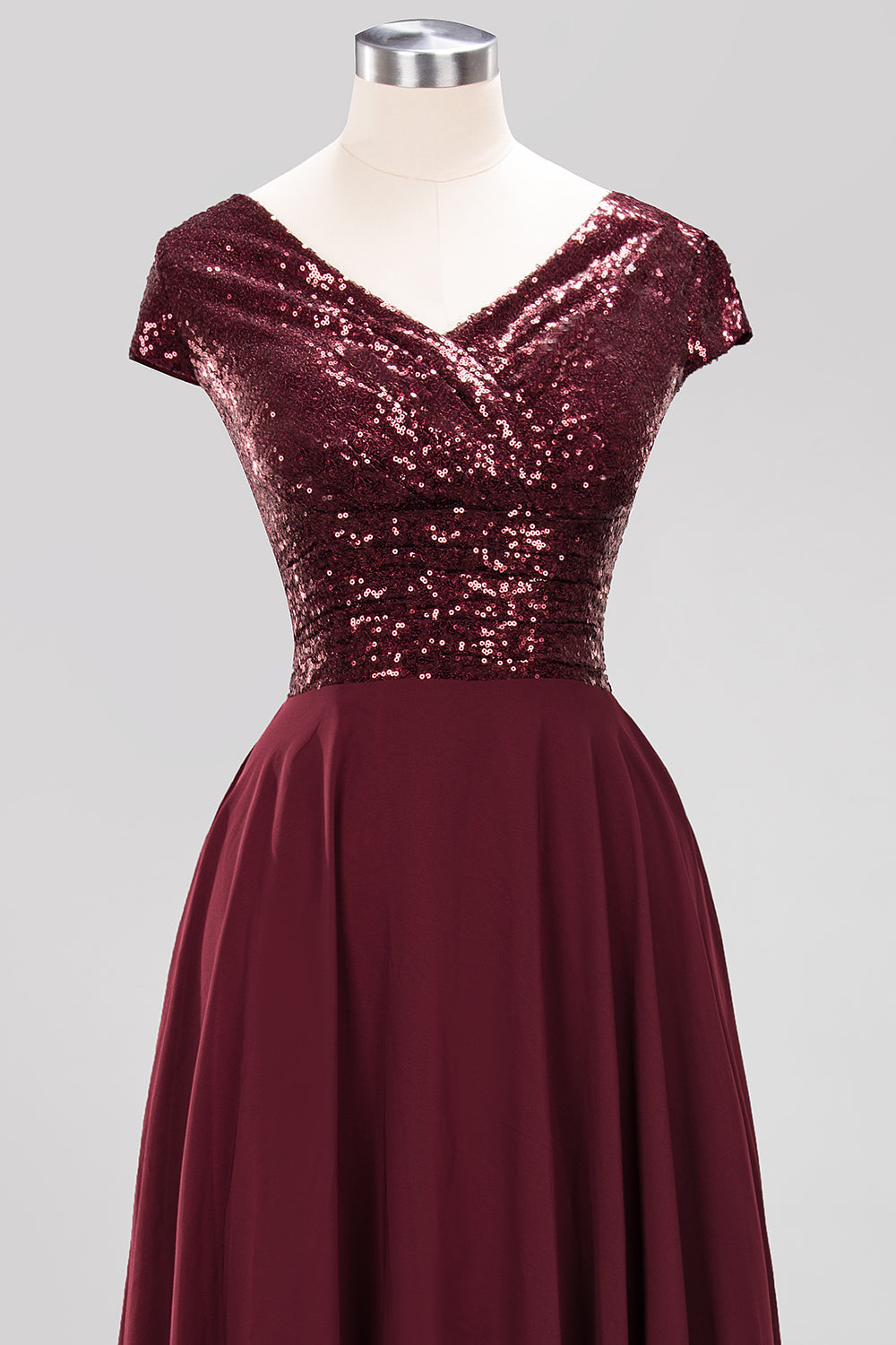 Chic Sequined Top V-Neck Sleeveless Burgundy Bridesmaid Dresses Online-Babyonlines