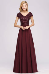 Chic Sequined Top V-Neck Sleeveless Burgundy Bridesmaid Dresses Online-Babyonlines