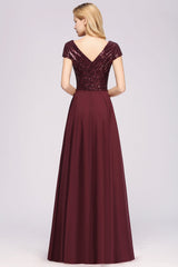 Chic Sequined Top V-Neck Sleeveless Burgundy Bridesmaid Dresses Online-Babyonlines