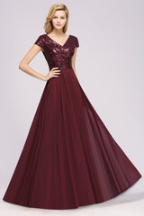 Chic Sequined Top V-Neck Sleeveless Burgundy Bridesmaid Dresses Online-Babyonlines