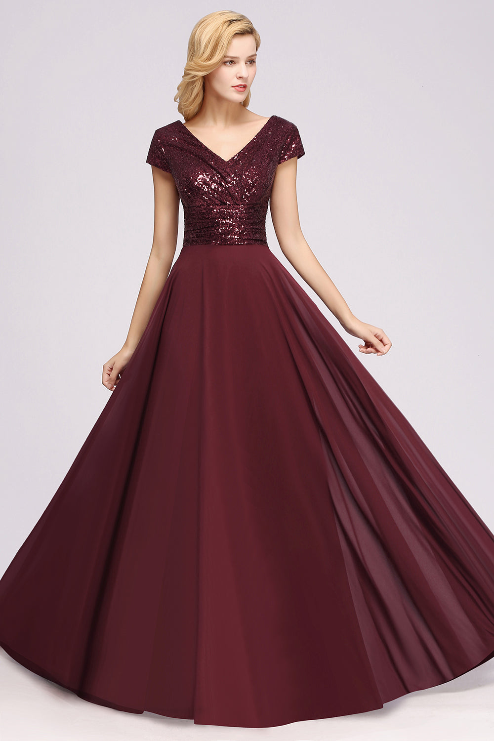Chic Sequined Top V-Neck Sleeveless Burgundy Bridesmaid Dresses Online-Babyonlines
