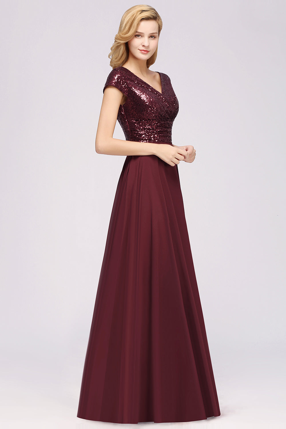 Chic Sequined Top V-Neck Sleeveless Burgundy Bridesmaid Dresses Online-Babyonlines