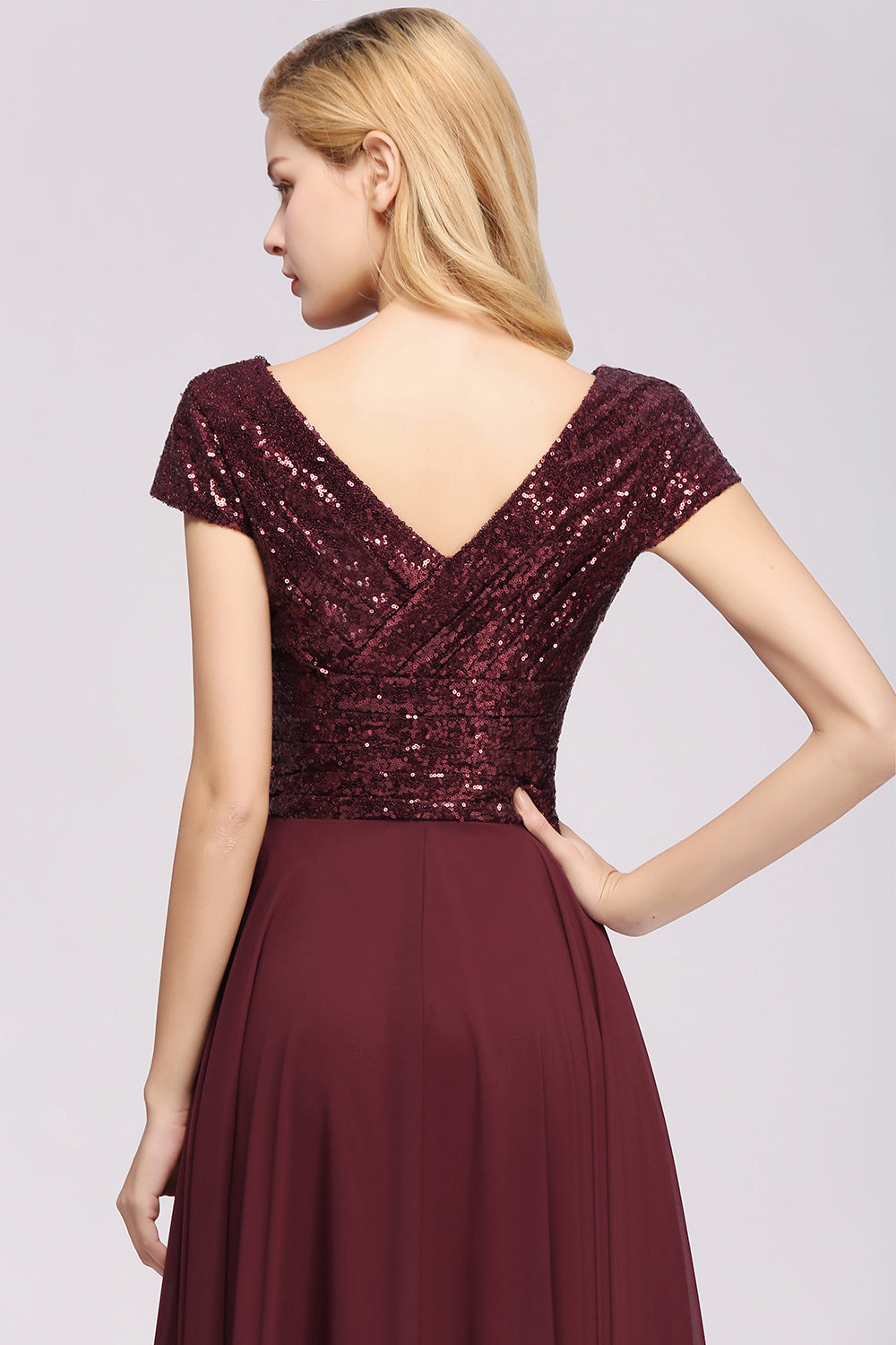 Chic Sequined Top V-Neck Sleeveless Burgundy Bridesmaid Dresses Online-Babyonlines