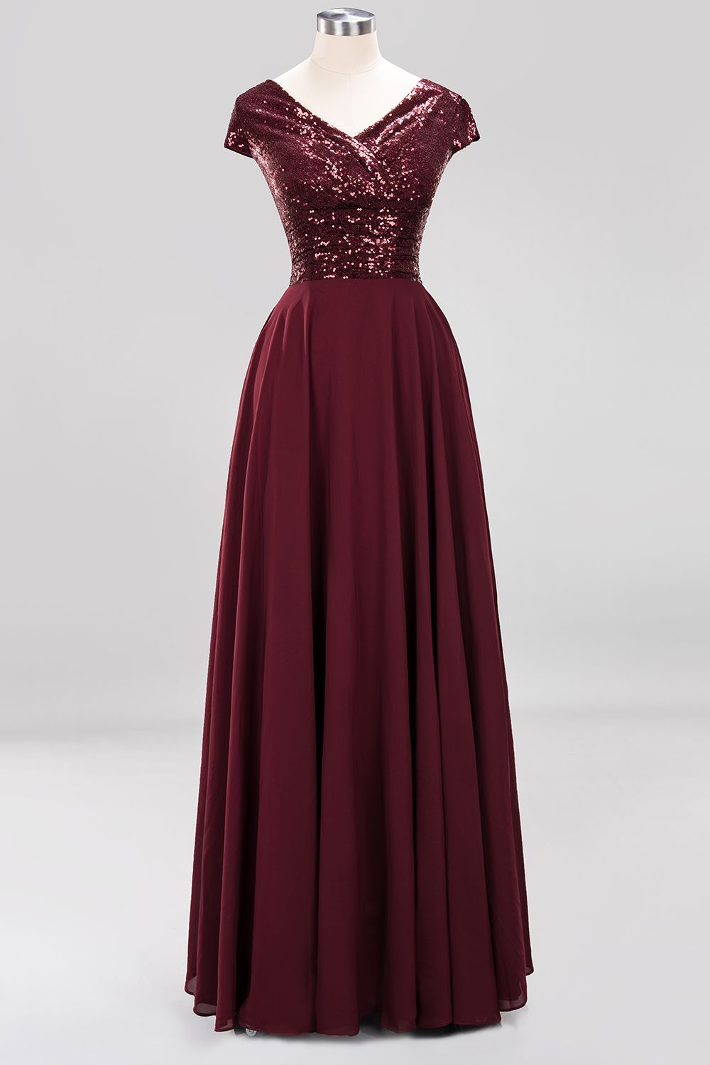 Chic Sequined Top V-Neck Sleeveless Burgundy Bridesmaid Dresses Online-Babyonlines