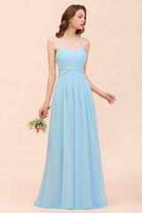 Chic Spaghetti Straps Ruffle Sky Blue Chiffon Bridesmaid Dress Online-Babyonlines