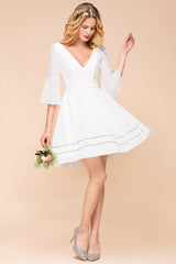 Chic V-Neck 3/4 Sleeves Short White Bridesmaid Dress with Sequins-Babyonlines