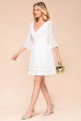 Chic V-Neck 3/4 Sleeves Short White Bridesmaid Dress with Sequins-Babyonlines