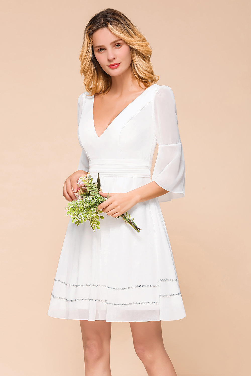 Chic V-Neck 3/4 Sleeves Short White Bridesmaid Dress with Sequins-Babyonlines