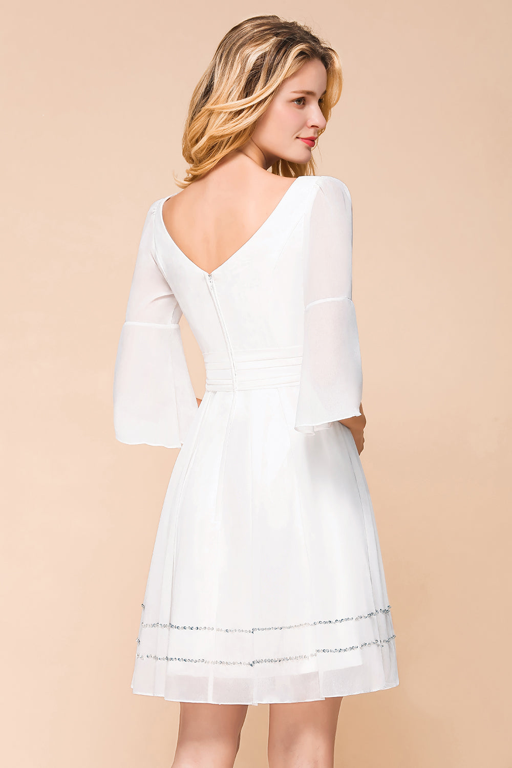 Chic V-Neck 3/4 Sleeves Short White Bridesmaid Dress with Sequins-Babyonlines