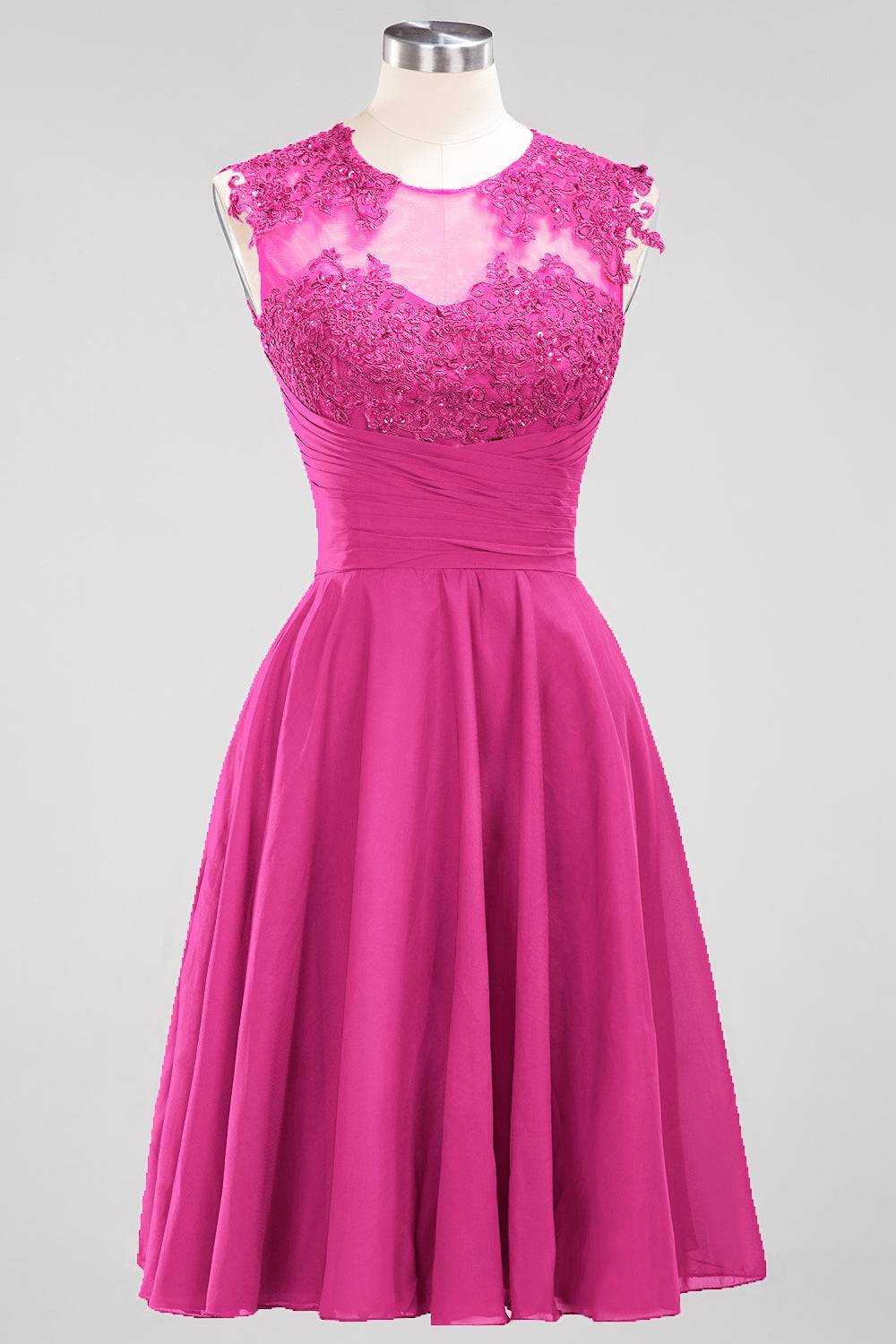 Cute Chiffon Round Neck Short Burgundy Bridesmaid Dresses with Appliques-Babyonlines