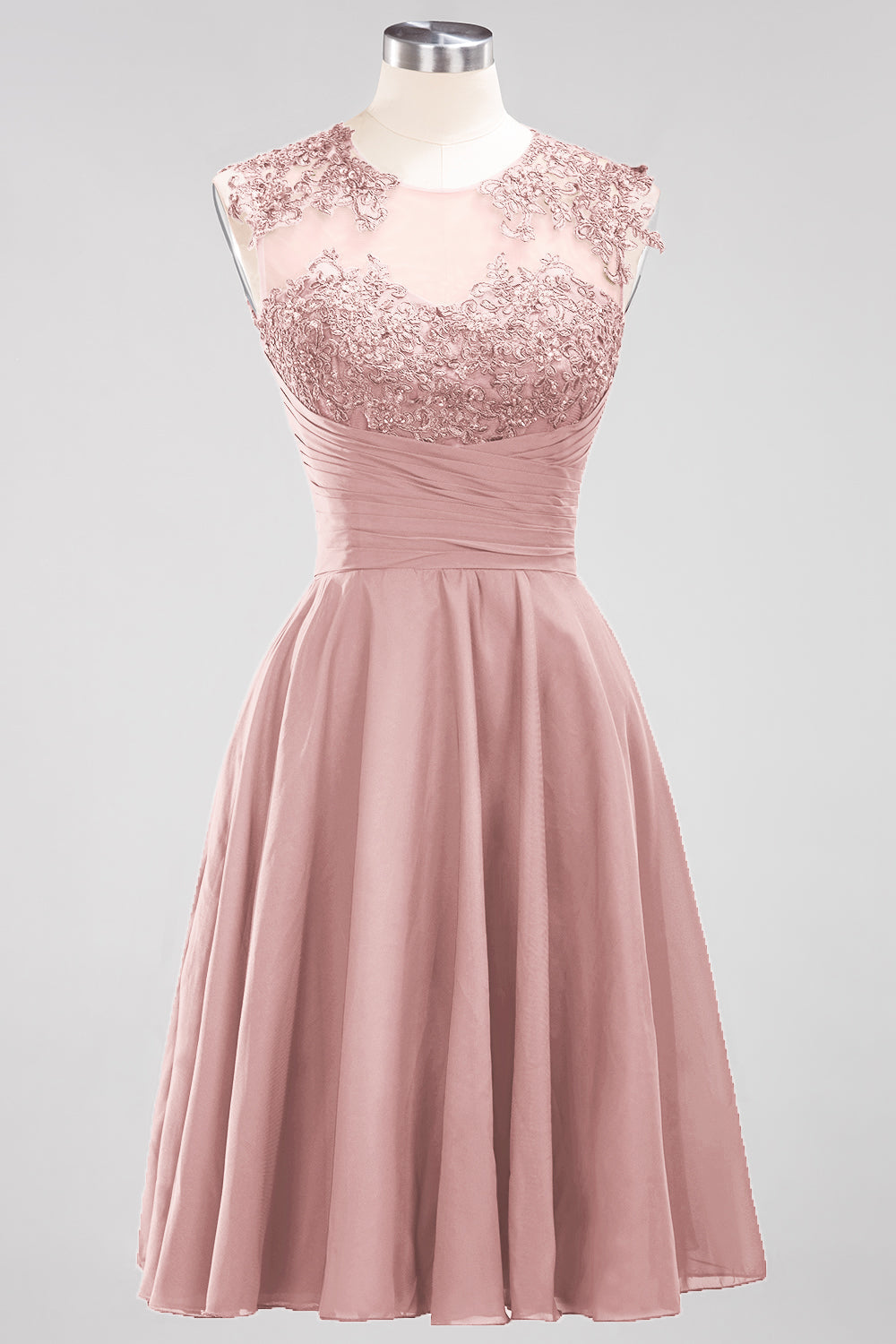 Cute Chiffon Round Neck Short Burgundy Bridesmaid Dresses with Appliques-Babyonlines