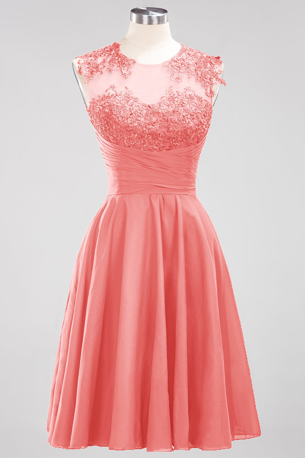 Cute Chiffon Round Neck Short Burgundy Bridesmaid Dresses with Appliques-Babyonlines