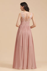 Dusty Rose Chiffon V-Neck Bridesmaid Dress Long-Babyonlines