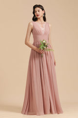Dusty Rose Chiffon V-Neck Bridesmaid Dress Long-Babyonlines