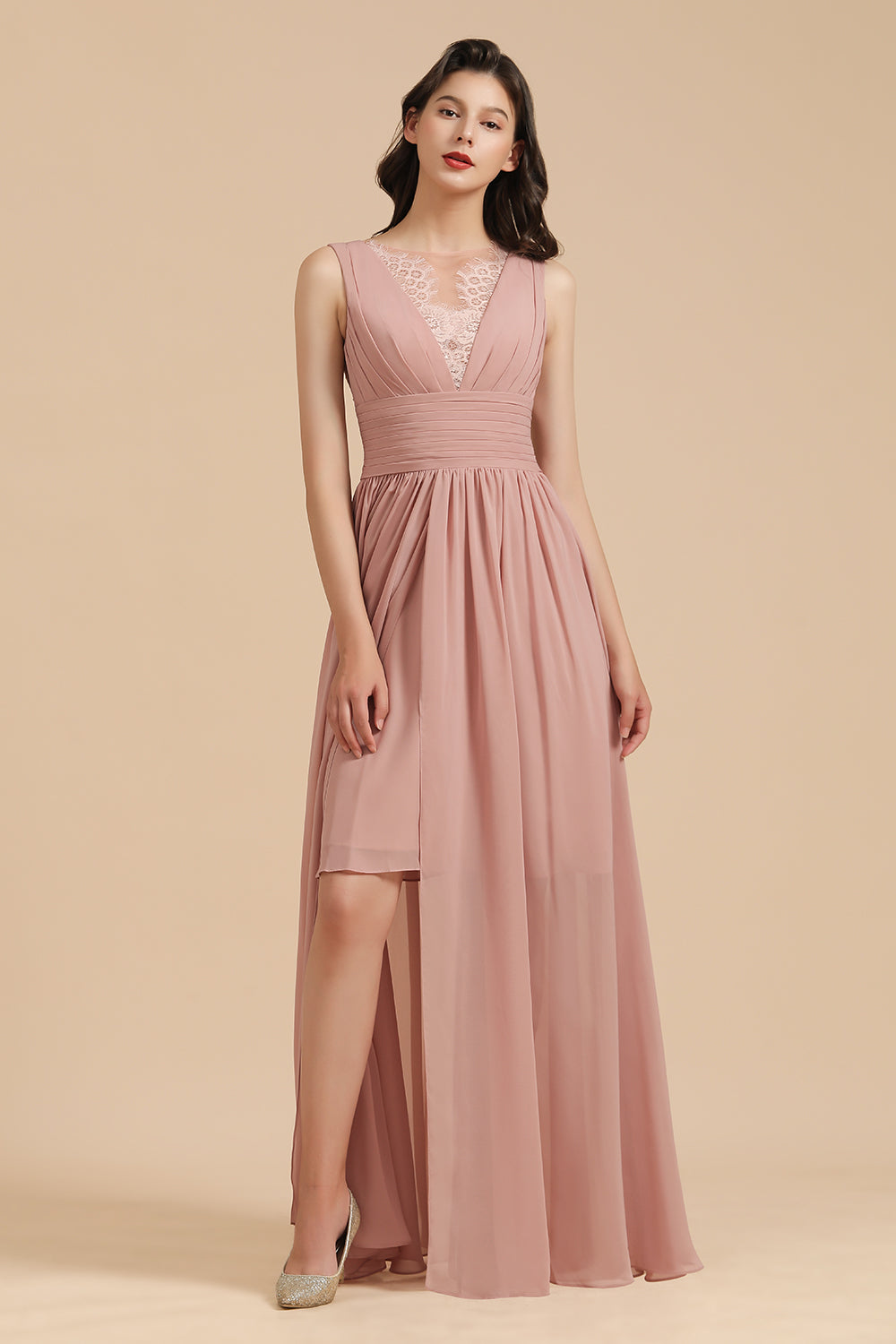 Dusty Rose Chiffon V-Neck Bridesmaid Dress Long-Babyonlines