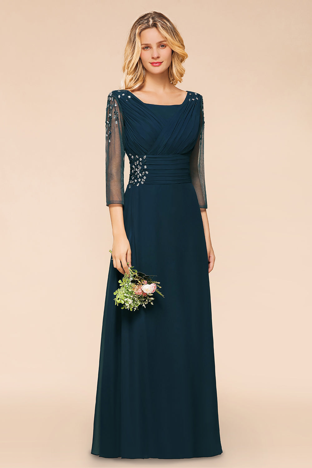 Elegant 3/4 Sleeves Ruffle Navy Chiffon Bridesmaid Dresses with Beadings-Babyonlines