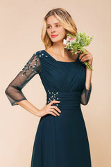Elegant 3/4 Sleeves Ruffle Navy Chiffon Bridesmaid Dresses with Beadings-Babyonlines