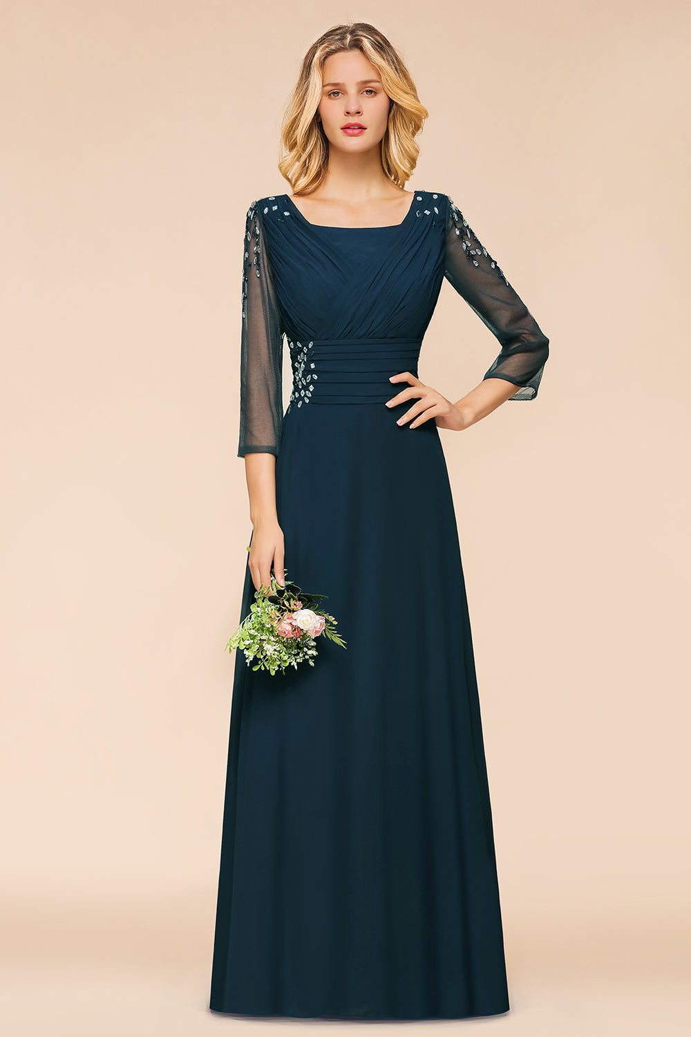 Elegant 3/4 Sleeves Ruffle Navy Chiffon Bridesmaid Dresses with Beadings-Babyonlines