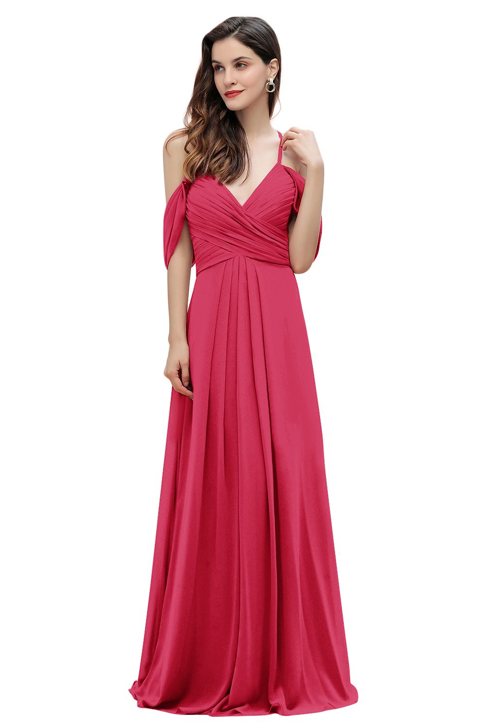 Elegant A-line Off-the-Shoulder V-neck Ruched Long Bridesmaid Dress-Babyonlines