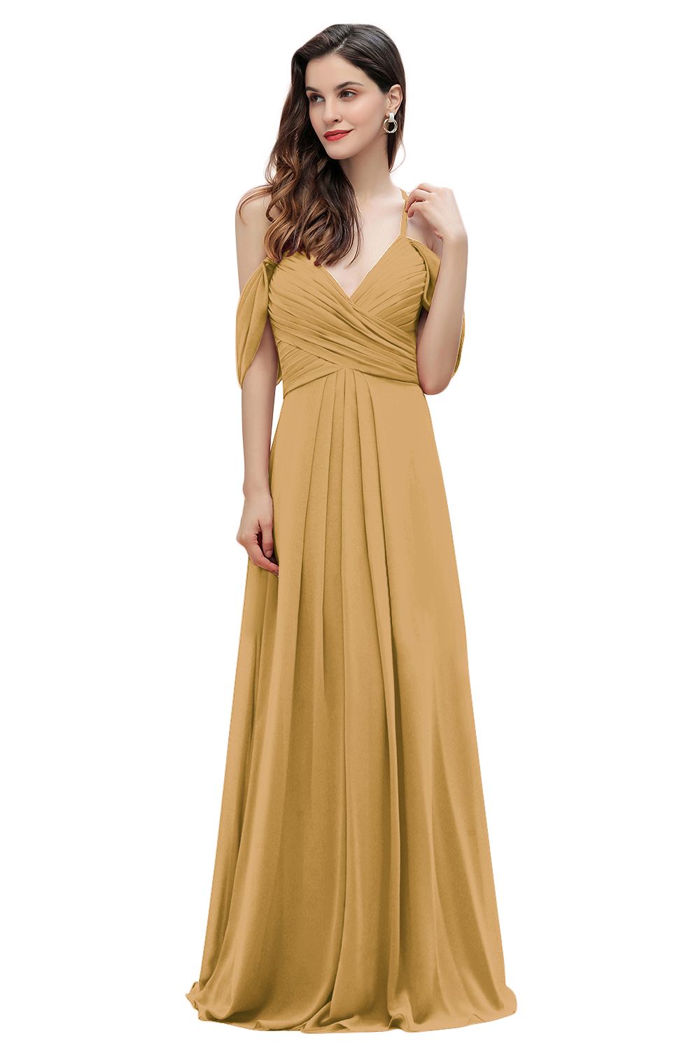 Elegant A-line Off-the-Shoulder V-neck Ruched Long Bridesmaid Dress-Babyonlines