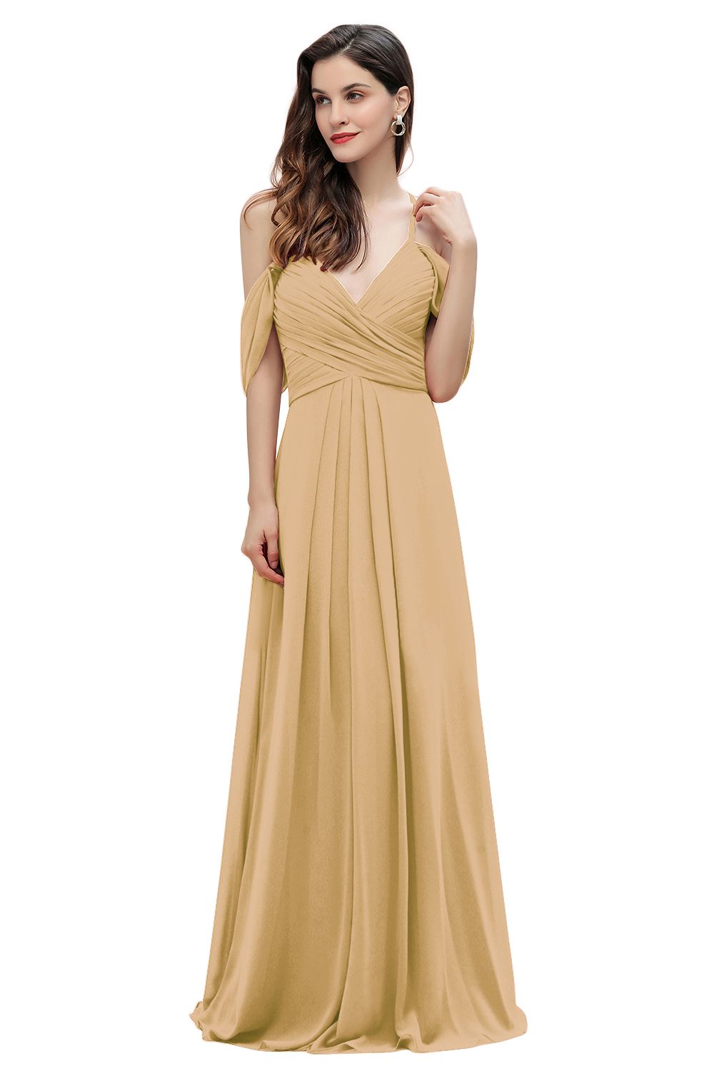 Elegant A-line Off-the-Shoulder V-neck Ruched Long Bridesmaid Dress-Babyonlines