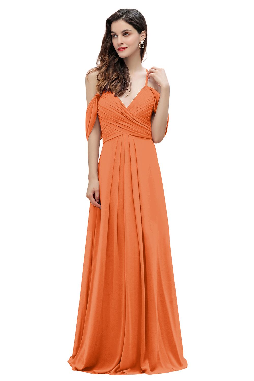 Elegant A-line Off-the-Shoulder V-neck Ruched Long Bridesmaid Dress-Babyonlines