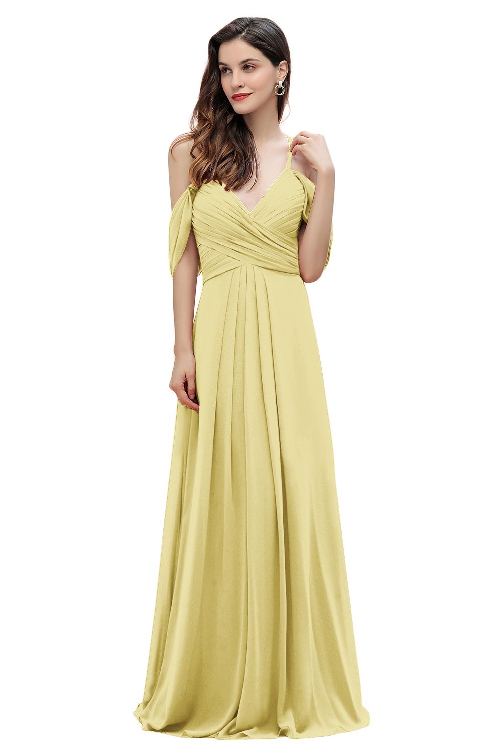 Elegant A-line Off-the-Shoulder V-neck Ruched Long Bridesmaid Dress-Babyonlines