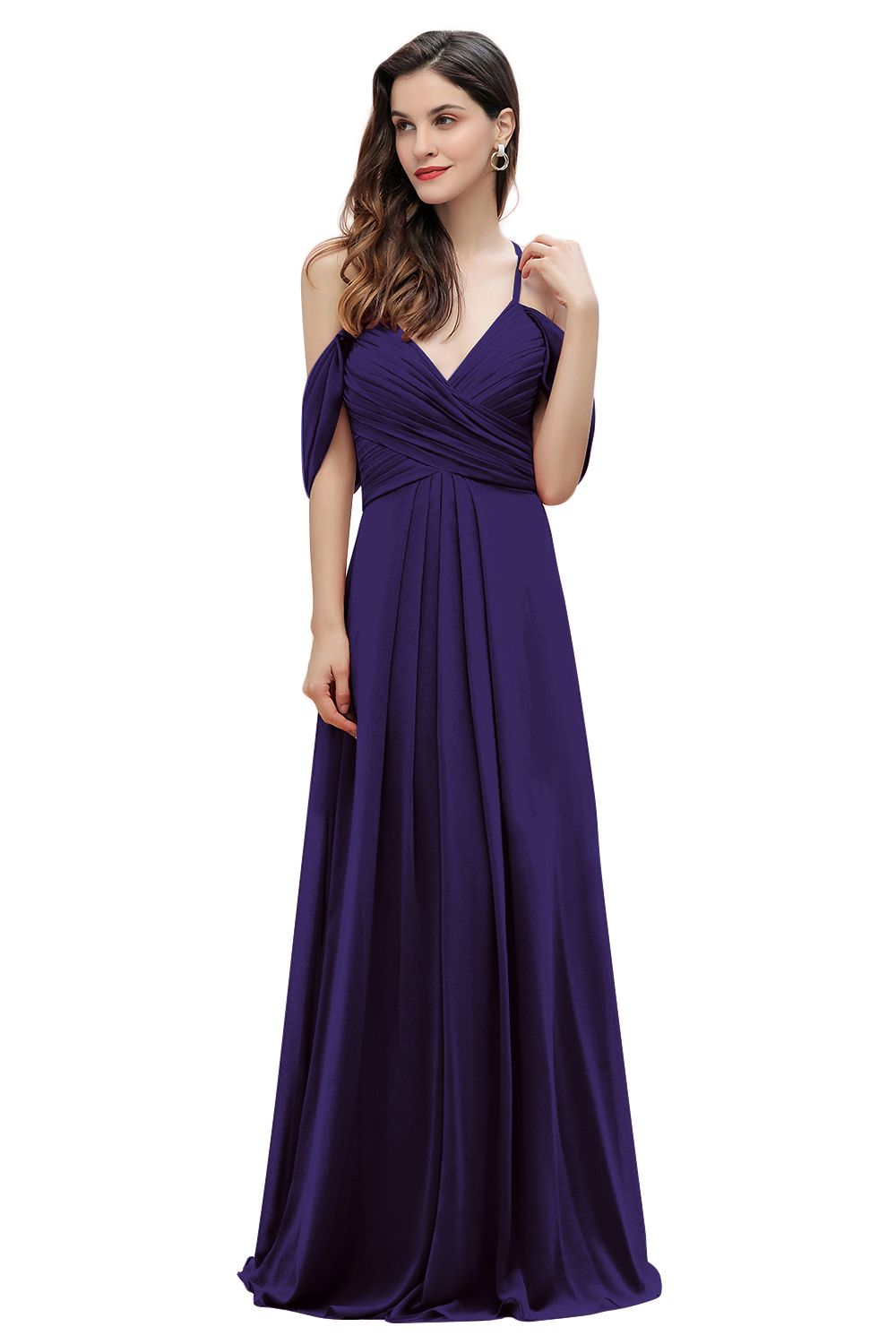 Elegant A-line Off-the-Shoulder V-neck Ruched Long Bridesmaid Dress-Babyonlines