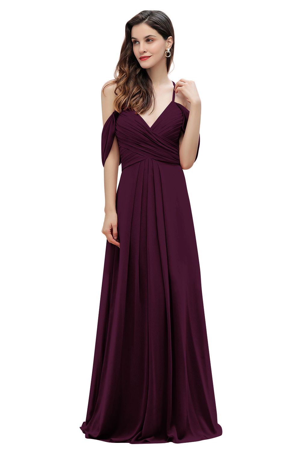 Elegant A-line Off-the-Shoulder V-neck Ruched Long Bridesmaid Dress-Babyonlines