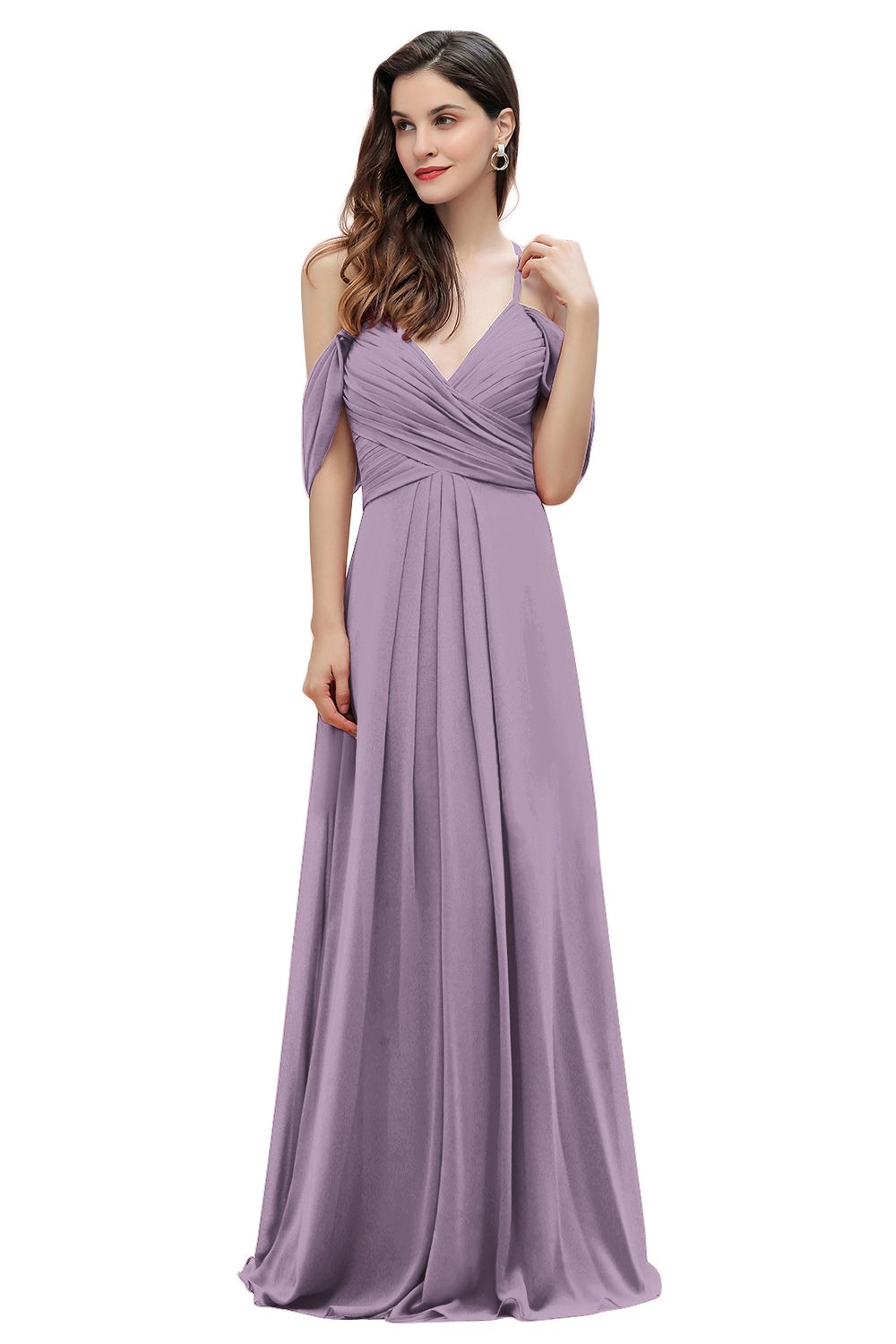 Elegant A-line Off-the-Shoulder V-neck Ruched Long Bridesmaid Dress-Babyonlines