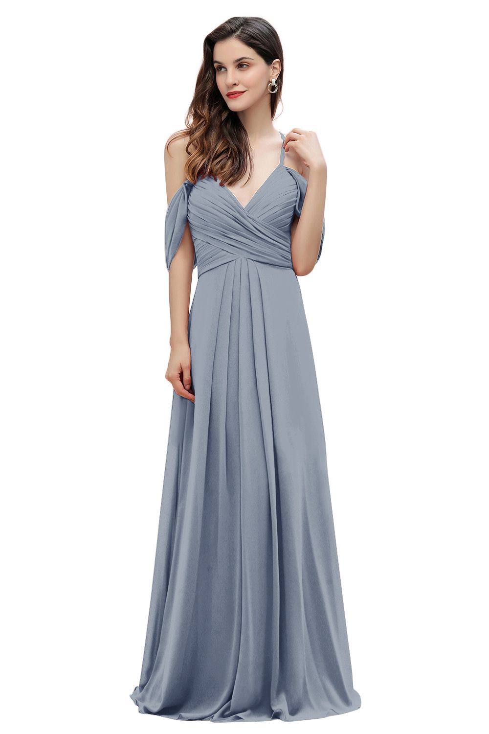 Elegant A-line Off-the-Shoulder V-neck Ruched Long Bridesmaid Dress-Babyonlines