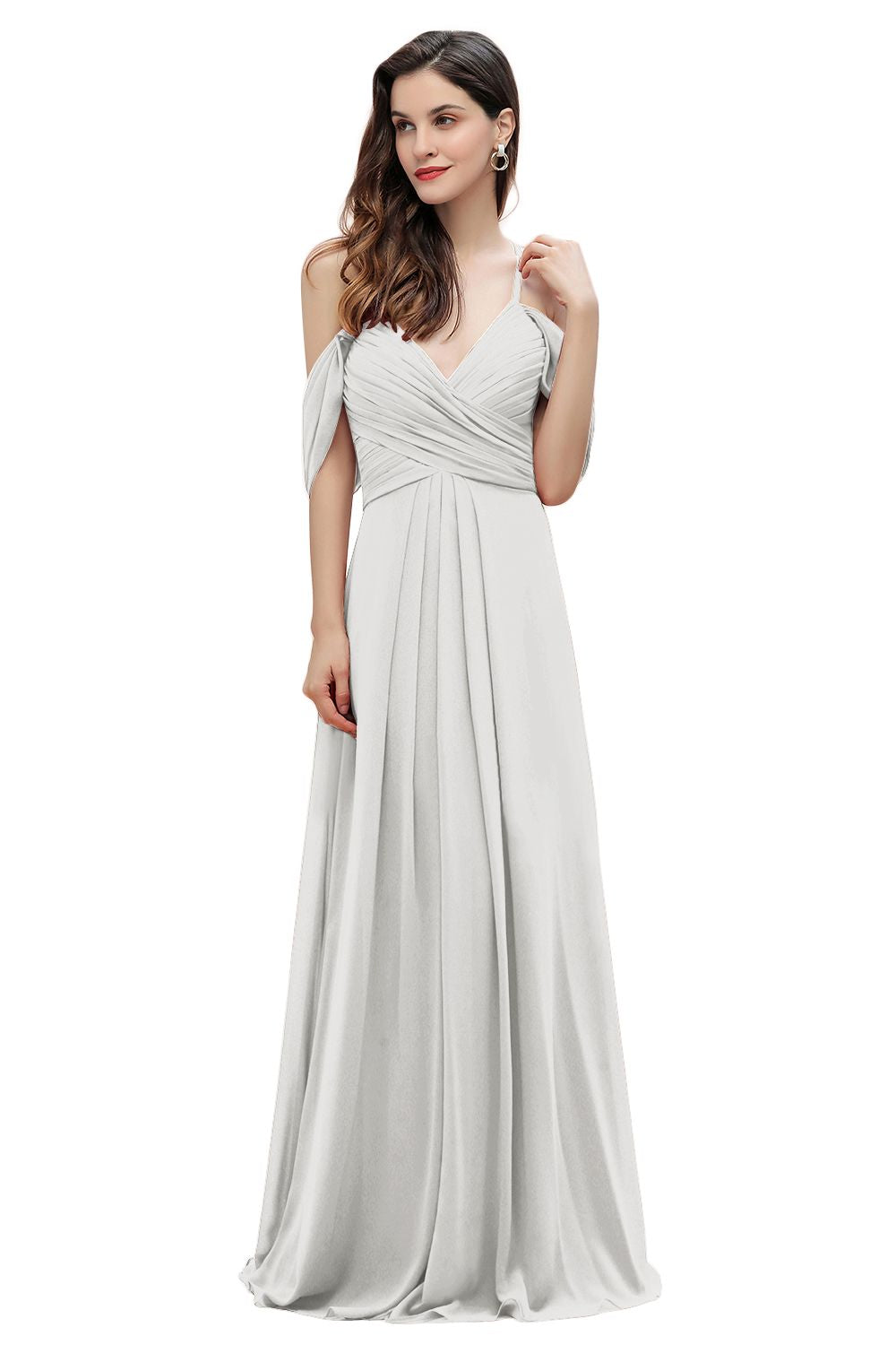Elegant A-line Off-the-Shoulder V-neck Ruched Long Bridesmaid Dress-Babyonlines