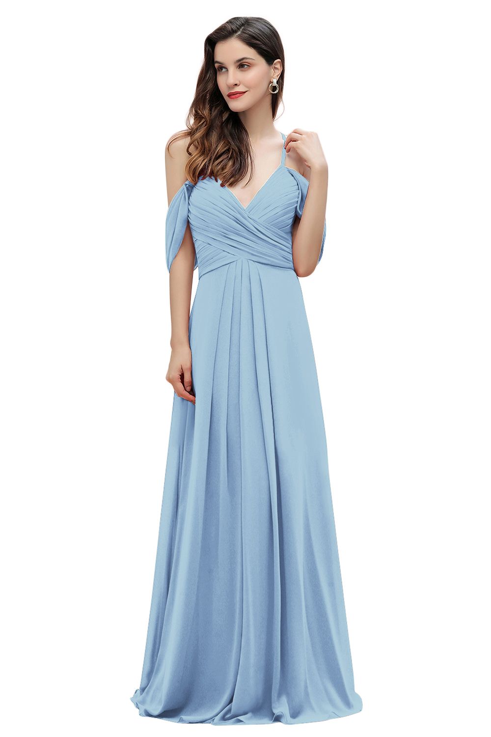 Elegant A-line Off-the-Shoulder V-neck Ruched Long Bridesmaid Dress-Babyonlines