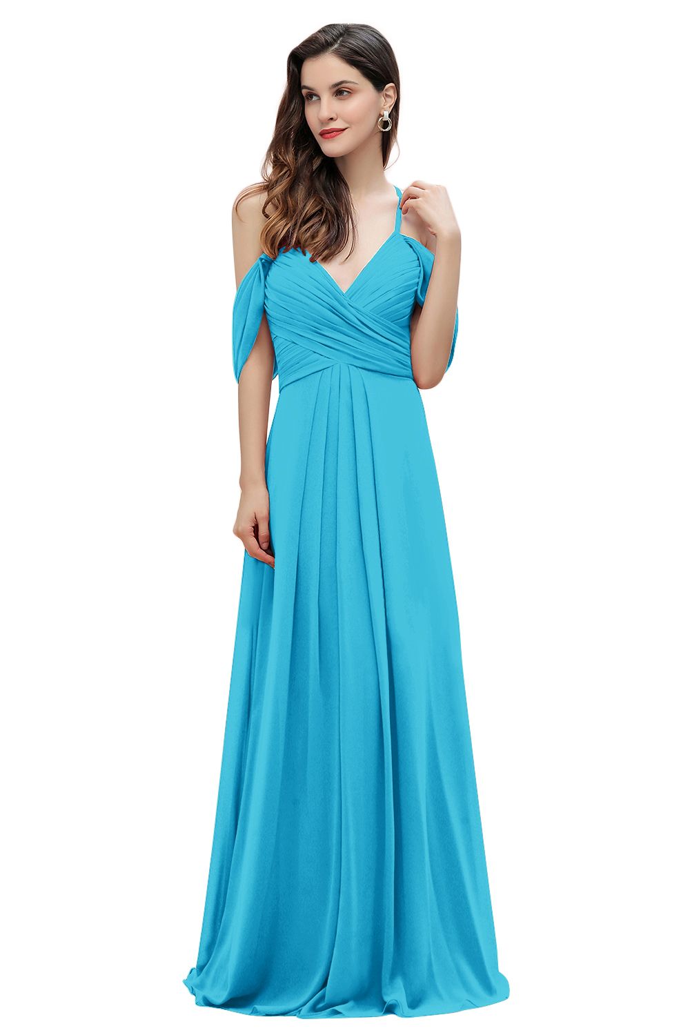 Elegant A-line Off-the-Shoulder V-neck Ruched Long Bridesmaid Dress-Babyonlines