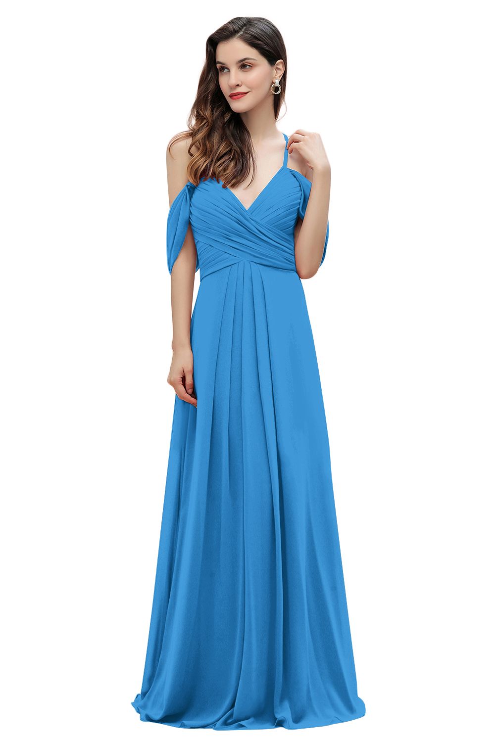 Elegant A-line Off-the-Shoulder V-neck Ruched Long Bridesmaid Dress-Babyonlines