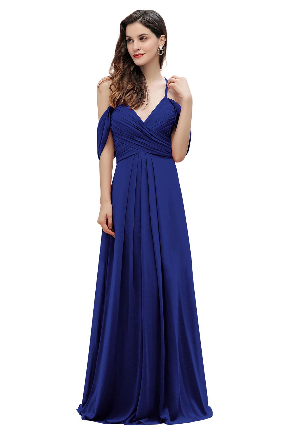Elegant A-line Off-the-Shoulder V-neck Ruched Long Bridesmaid Dress-Babyonlines