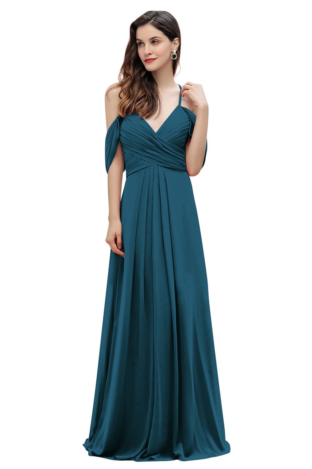 Elegant A-line Off-the-Shoulder V-neck Ruched Long Bridesmaid Dress-Babyonlines